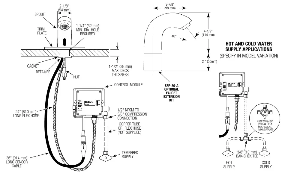 Measurement diagram for Sloan 3362102 SF-2150-4-BAT-TEE-CP-0.5GPM-MLM-FCT Sensor Faucet