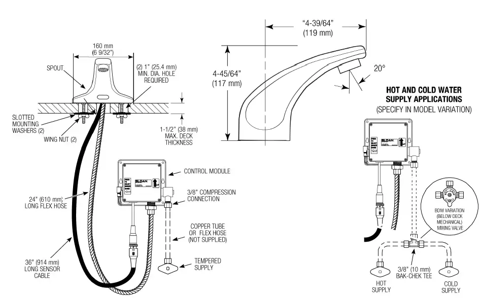 Measurement diagram for Sloan 3362119 SF-2350-BAT-TEE-CP-0.5GPM-MLM-FCT Sensor Faucet