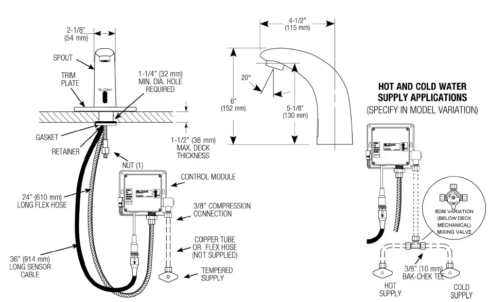 Measurement diagram for Sloan 3362124 SF-2450-4-BAT-TEE-CP-0.5GPM-MLM-FCT Sensor Faucet