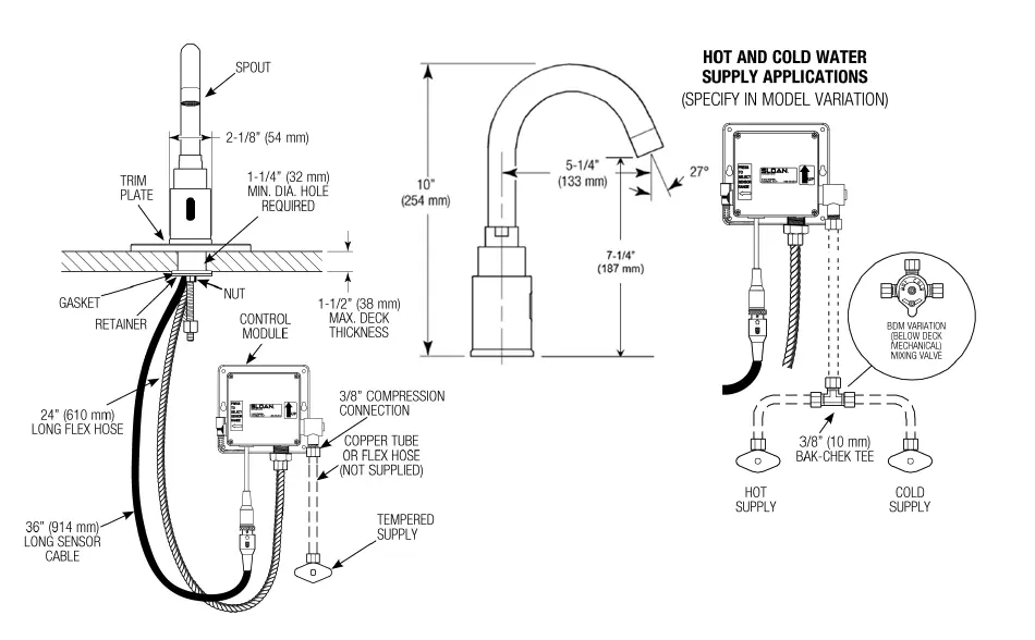 Measurement diagram for Sloan 3362145 SF-2250-4-BAT-TEE-CP-1.5GPM-LAM-FCT Sensor Faucet