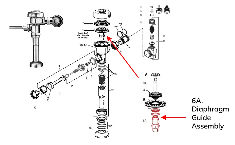 Parts diagram for flushometer diaphragm guide assembly