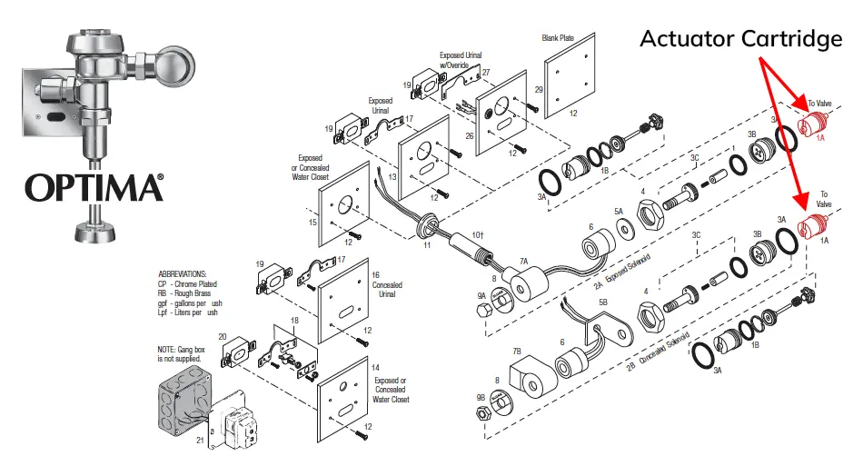 Flushometer actuator cartridge for Optima and Older Royal (05/2009) flush valves.