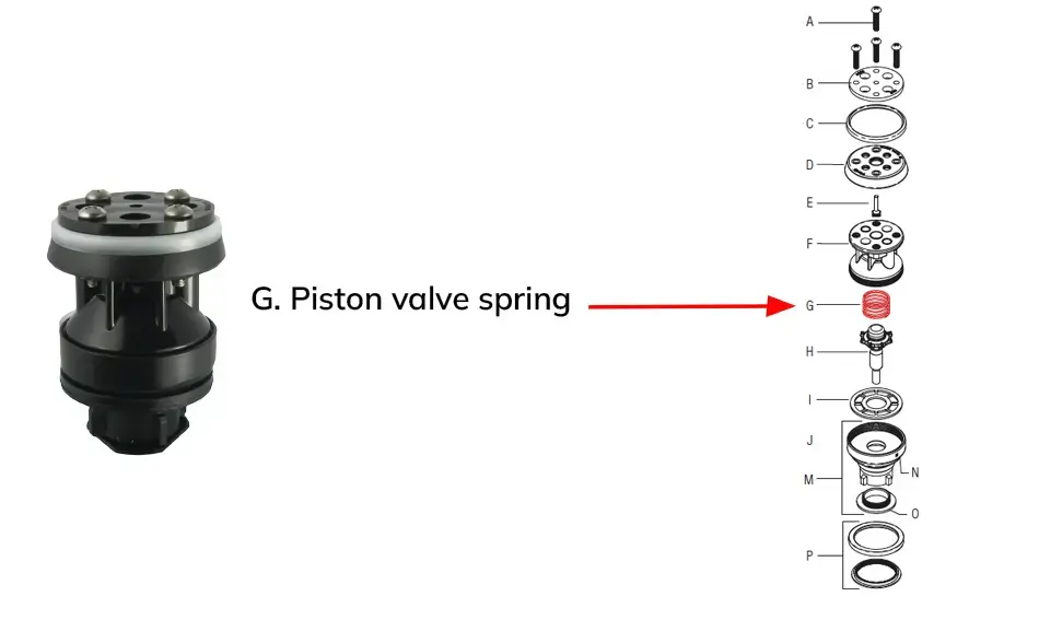 Parts diagram for piston valve showing internal spring placement.